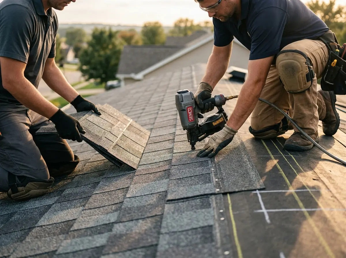 Professional roofer working on a residential roof in Taneytown